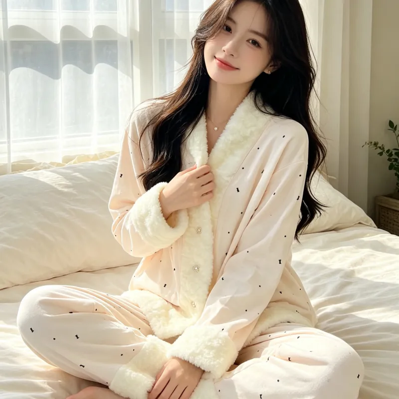 Island Velvet Pajamas Women Winter Thickened Plush Embossed Bow Double-Sided Velvet Warm Long Sleeve Long Pants Set · Wholesale · OEM · Worldwide Shipping - Detail 9