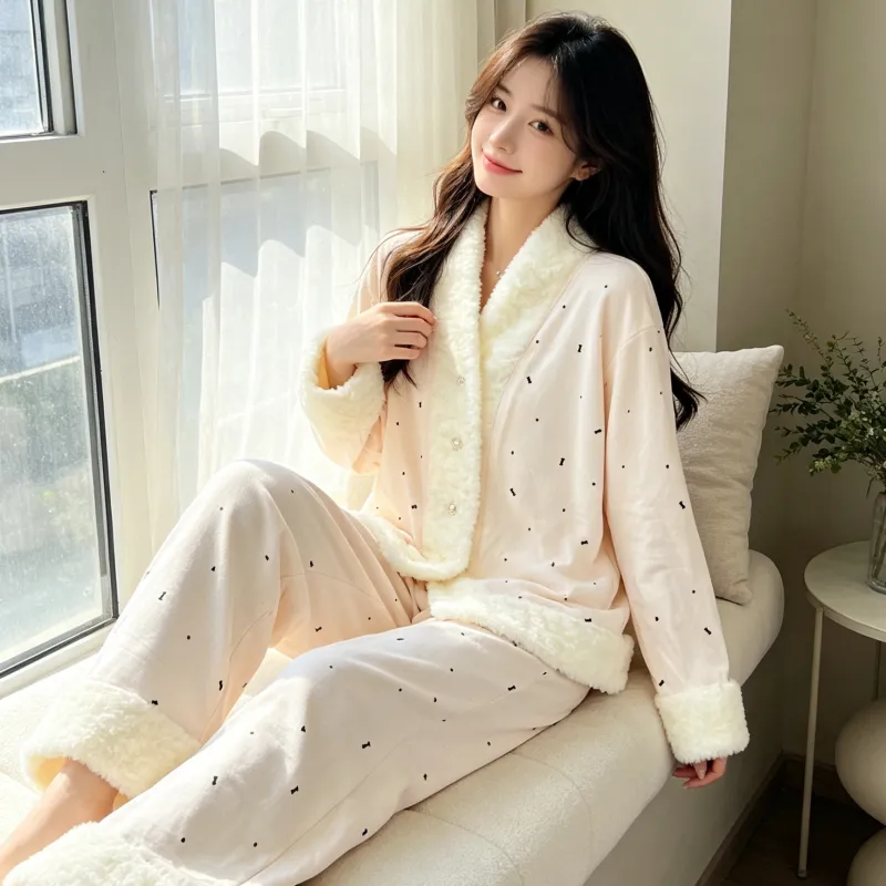 Island Velvet Pajamas Women Winter Thickened Plush Embossed Bow Double-Sided Velvet Warm Long Sleeve Long Pants Set · Wholesale · OEM · Worldwide Shipping - Detail 10