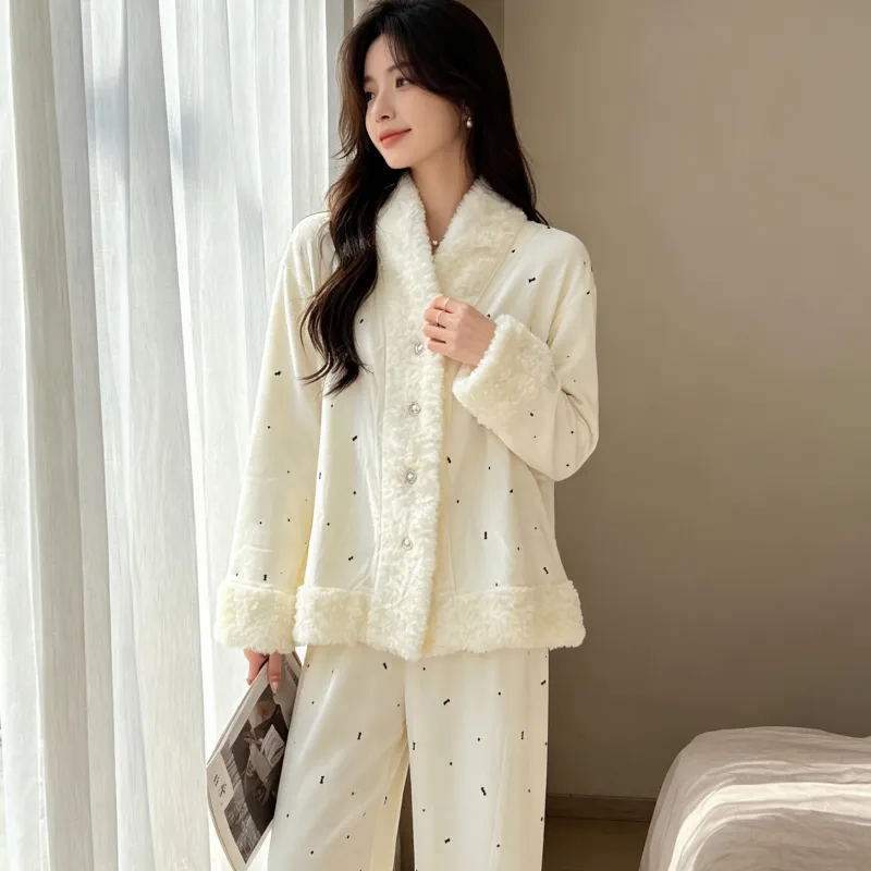 Island Velvet Pajamas Women Winter Thickened Plush Embossed Bow Double-Sided Velvet Warm Long Sleeve Long Pants Set · Wholesale · OEM · Worldwide Shipping - Detail 14