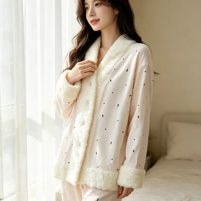 Island Velvet Pajamas Women Winter Thickened Plush Embossed Bow Double-Sided Velvet Warm Long Sleeve Long Pants Set · Wholesale · OEM · Worldwide Shipping - Detail 3