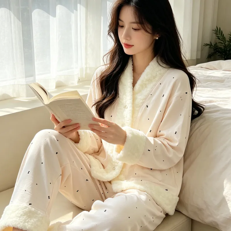 Island Velvet Pajamas Women Winter Thickened Plush Embossed Bow Double-Sided Velvet Warm Long Sleeve Long Pants Set · Wholesale · OEM · Worldwide Shipping - Detail 11