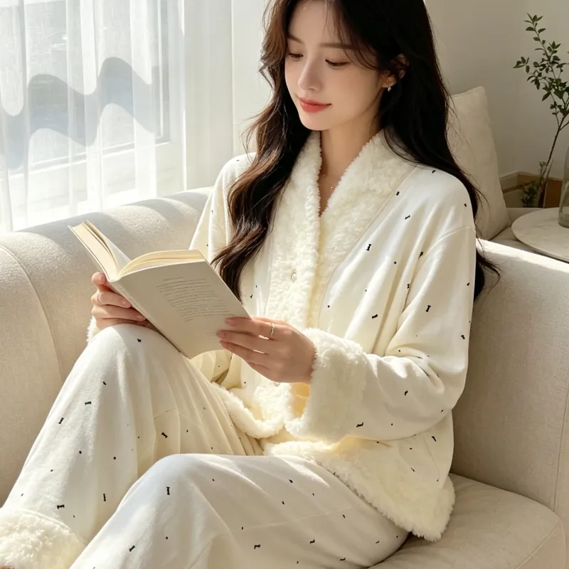 Island Velvet Pajamas Women Winter Thickened Plush Embossed Bow Double-Sided Velvet Warm Long Sleeve Long Pants Set · Wholesale · OEM · Worldwide Shipping - Detail 12