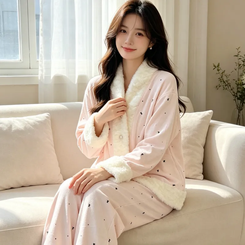 Island Velvet Pajamas Women Winter Thickened Plush Embossed Bow Double-Sided Velvet Warm Long Sleeve Long Pants Set · Wholesale · OEM · Worldwide Shipping - View 1