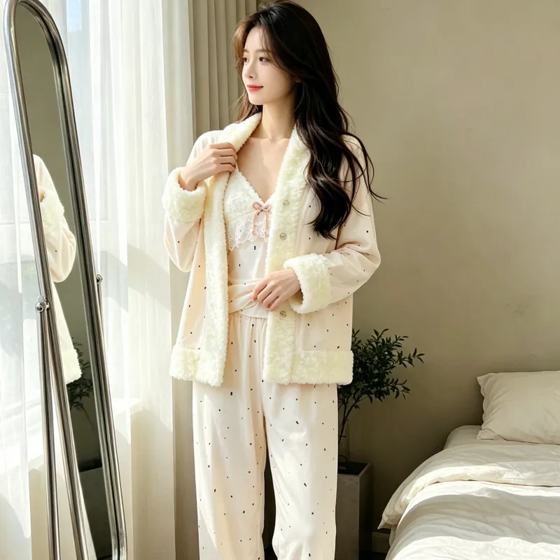 Set Piyama Wanita Musim Dingin Tebal Bulu Pulau Tiga Potong Renda Gadis Lengan Panjang Pakaian Rumah Bulu Set Kelinci Pedesaan · Grosir · OEM · Pengiriman Global - Detail 8