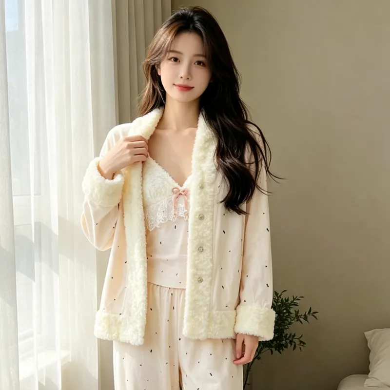 Set Piyama Wanita Musim Dingin Tebal Bulu Pulau Tiga Potong Renda Gadis Lengan Panjang Pakaian Rumah Bulu Set Kelinci Pedesaan · Grosir · OEM · Pengiriman Global - Detail 3