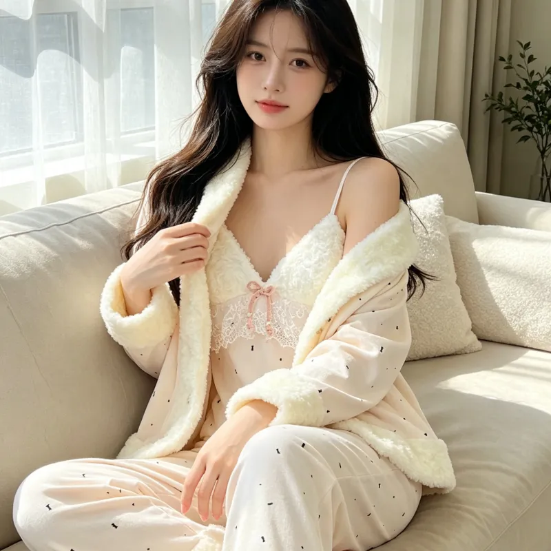 Set Piyama Wanita Musim Dingin Tebal Bulu Pulau Tiga Potong Renda Gadis Lengan Panjang Pakaian Rumah Bulu Set Kelinci Pedesaan · Grosir · OEM · Pengiriman Global - Detail 11