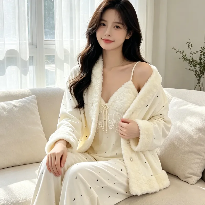 Set Piyama Wanita Musim Dingin Tebal Bulu Pulau Tiga Potong Renda Gadis Lengan Panjang Pakaian Rumah Bulu Set Kelinci Pedesaan · Grosir · OEM · Pengiriman Global - Detail 2