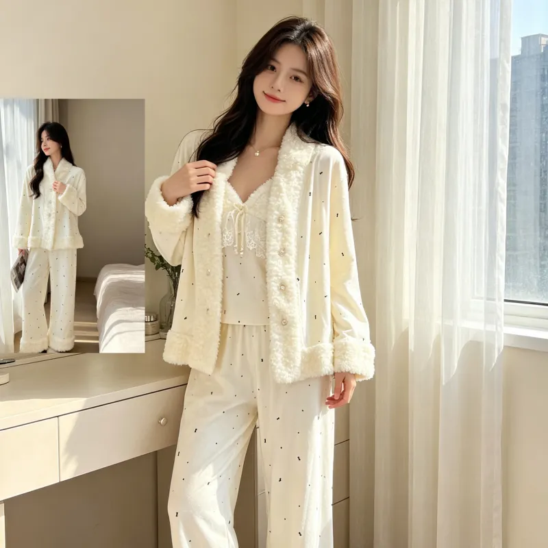 Set Piyama Wanita Musim Dingin Tebal Bulu Pulau Tiga Potong Renda Gadis Lengan Panjang Pakaian Rumah Bulu Set Kelinci Pedesaan · Grosir · OEM · Pengiriman Global - Detail 17