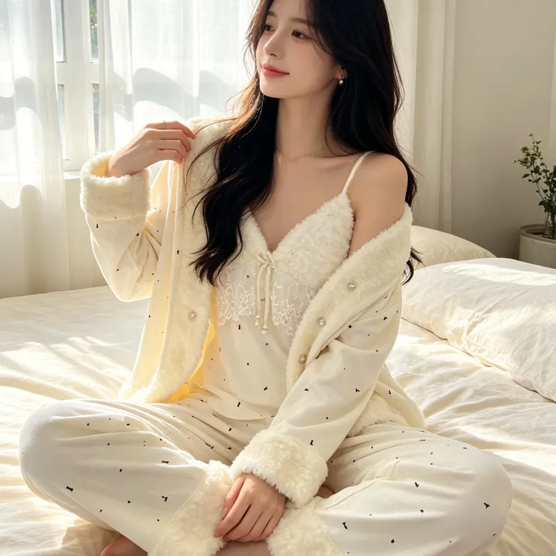 Set Piyama Wanita Musim Dingin Tebal Bulu Pulau Tiga Potong Renda Gadis Lengan Panjang Pakaian Rumah Bulu Set Kelinci Pedesaan · Grosir · OEM · Pengiriman Global - Detail 13