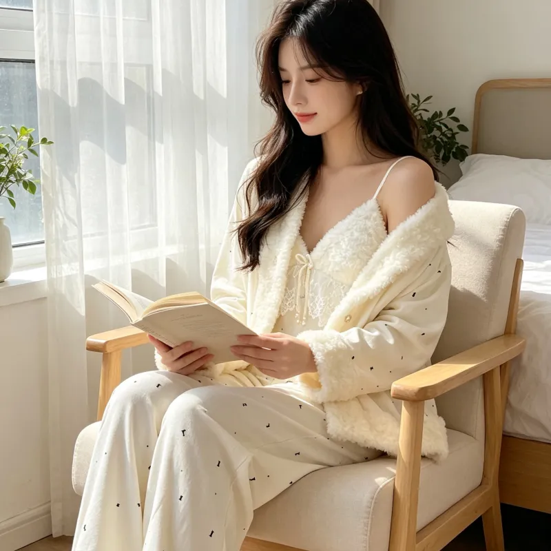Set Piyama Wanita Musim Dingin Tebal Bulu Pulau Tiga Potong Renda Gadis Lengan Panjang Pakaian Rumah Bulu Set Kelinci Pedesaan · Grosir · OEM · Pengiriman Global - Detail 18