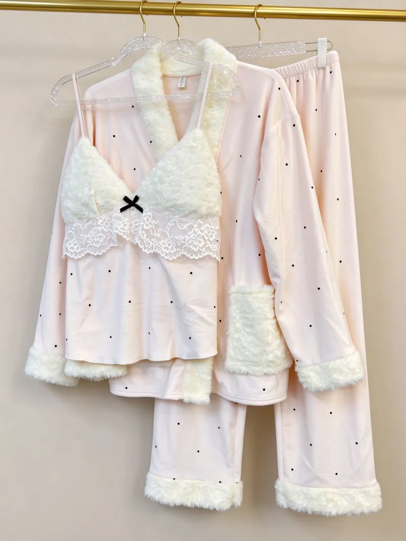 Winter Thickened Island Velvet Three-Piece Pajama Set for Women Lace Young Girl Long Sleeve Plush Loungewear Pastoral Rabbit Set · Wholesale · OEM · Worldwide Shipping - Detail 6