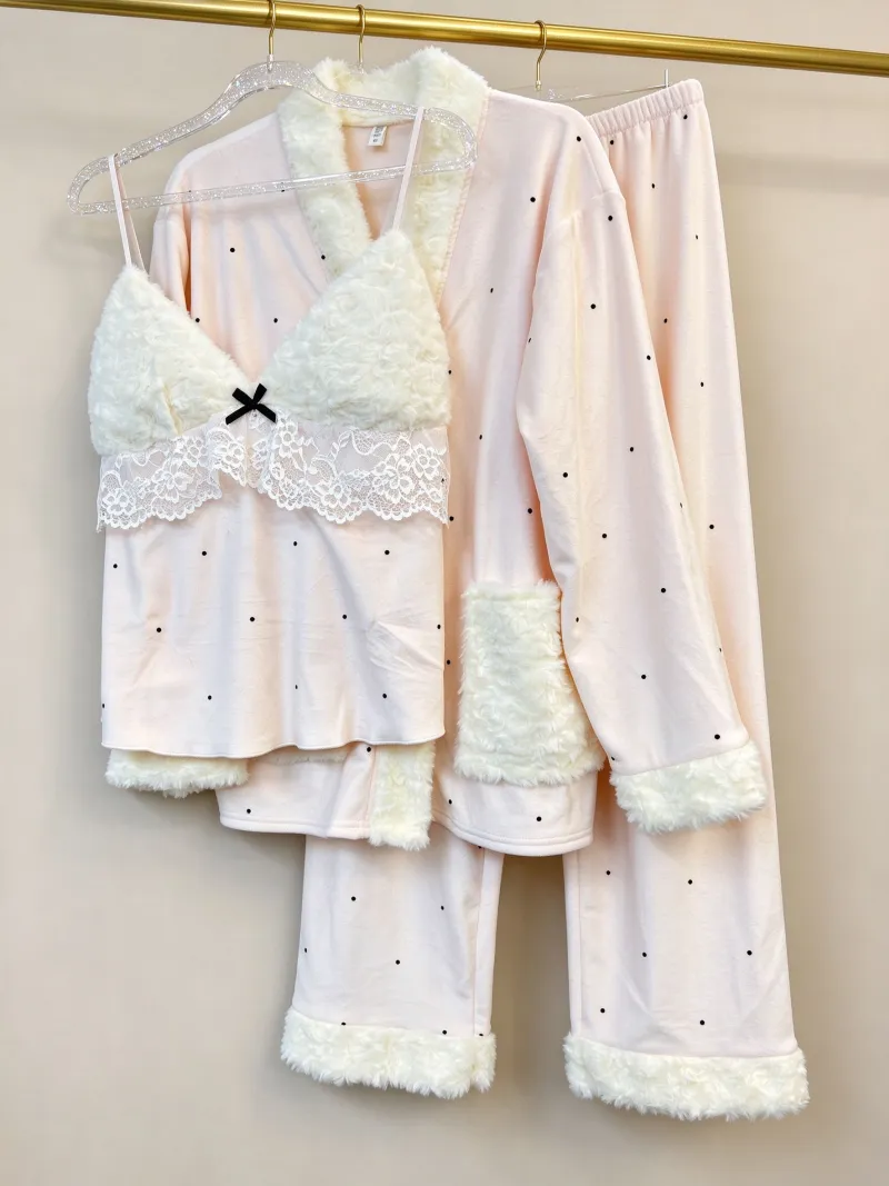Winter Thickened Island Velvet Three-Piece Pajama Set for Women Lace Young Girl Long Sleeve Plush Loungewear Pastoral Rabbit Set · Wholesale · OEM · Worldwide Shipping - Detail 2
