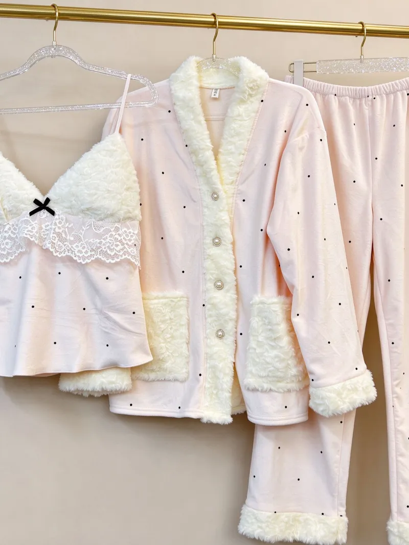 Winter Thickened Island Velvet Three-Piece Pajama Set for Women Lace Young Girl Long Sleeve Plush Loungewear Pastoral Rabbit Set · Wholesale · OEM · Worldwide Shipping - Detail 4