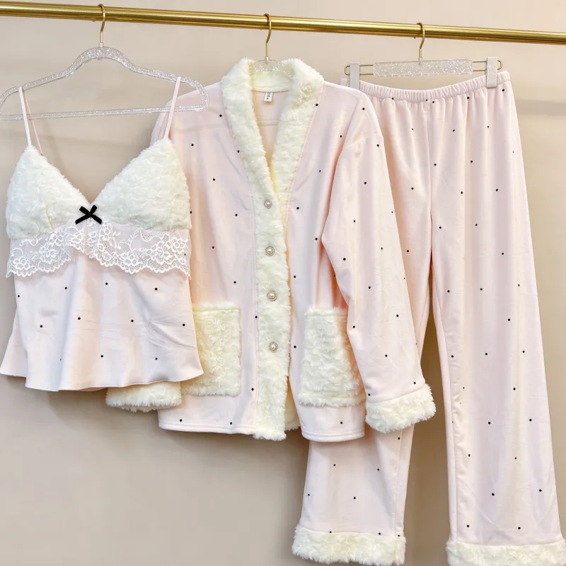 Winter Thickened Island Velvet Three-Piece Pajama Set for Women Lace Young Girl Long Sleeve Plush Loungewear Pastoral Rabbit Set · Wholesale · OEM · Worldwide Shipping - View 2