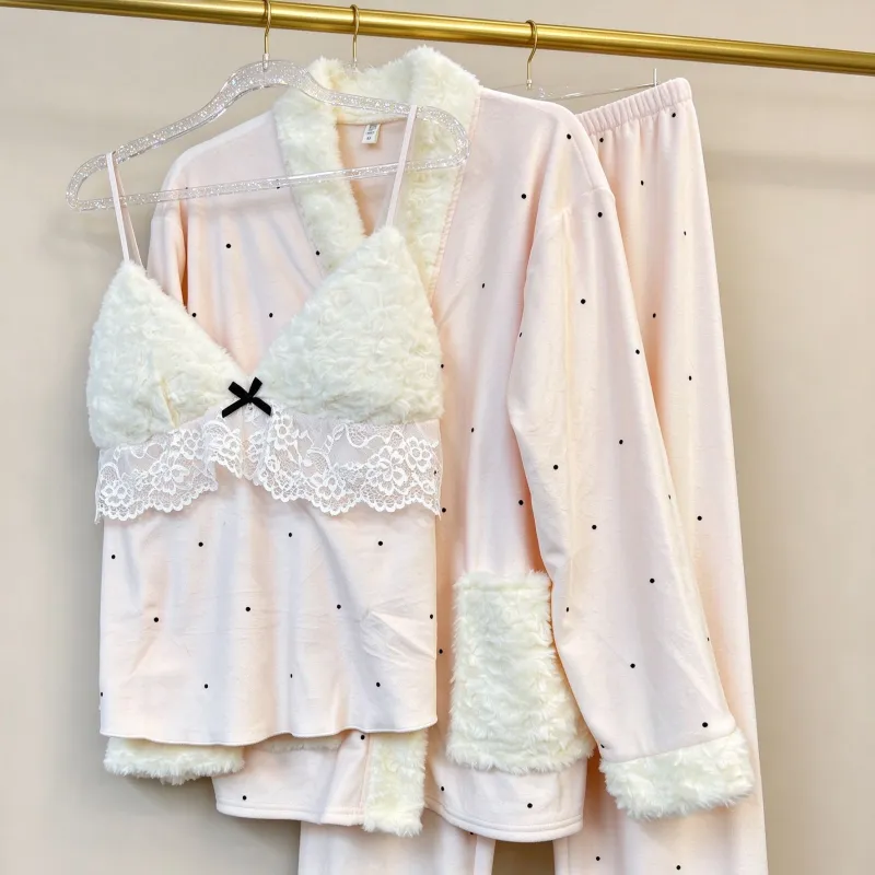 Winter Thickened Island Velvet Three-Piece Pajama Set for Women Lace Young Girl Long Sleeve Plush Loungewear Pastoral Rabbit Set · Wholesale · OEM · Worldwide Shipping