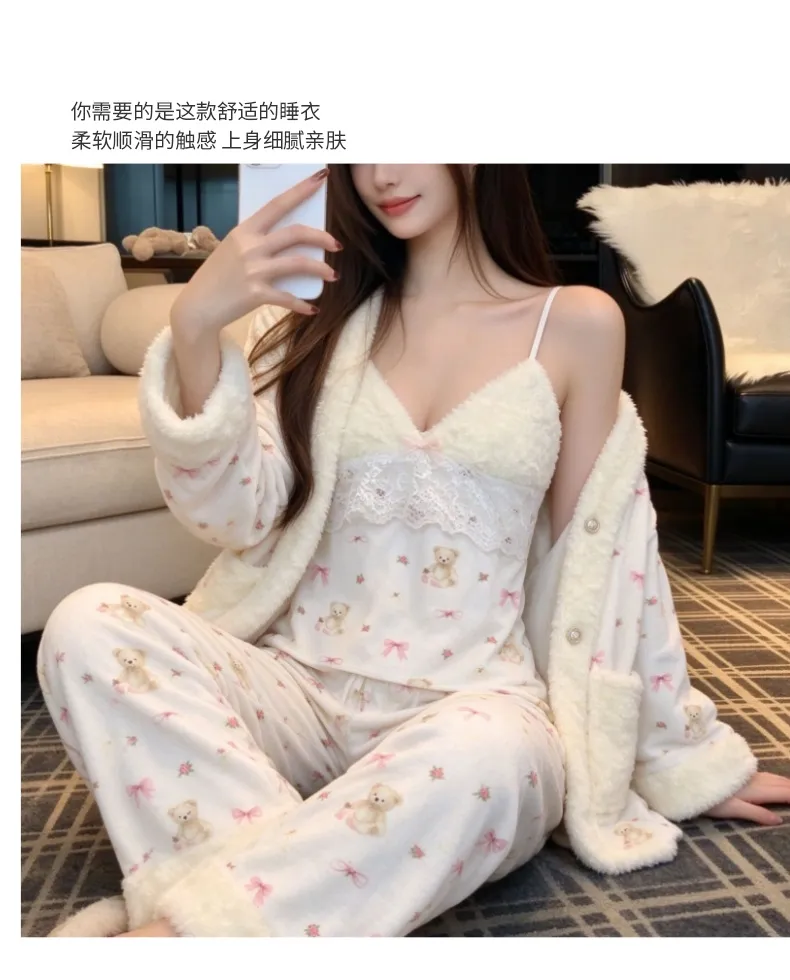 طقم بيجامة نسائي شتوي سميك من صوف الجزيرة الناعم ثلاثي القطع مع دانتيل، ملابس منزلية فروية بأكمام طويلة للفتيات، طقم لطيف · بيع بالجملة · تصنيع حسب الطلب · شحن عالمي - Detail 5