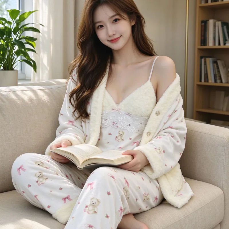 冬の厚手アイランドベルベット3点セットパジャマレディースレース少女長袖ファー家居服かわいいセット