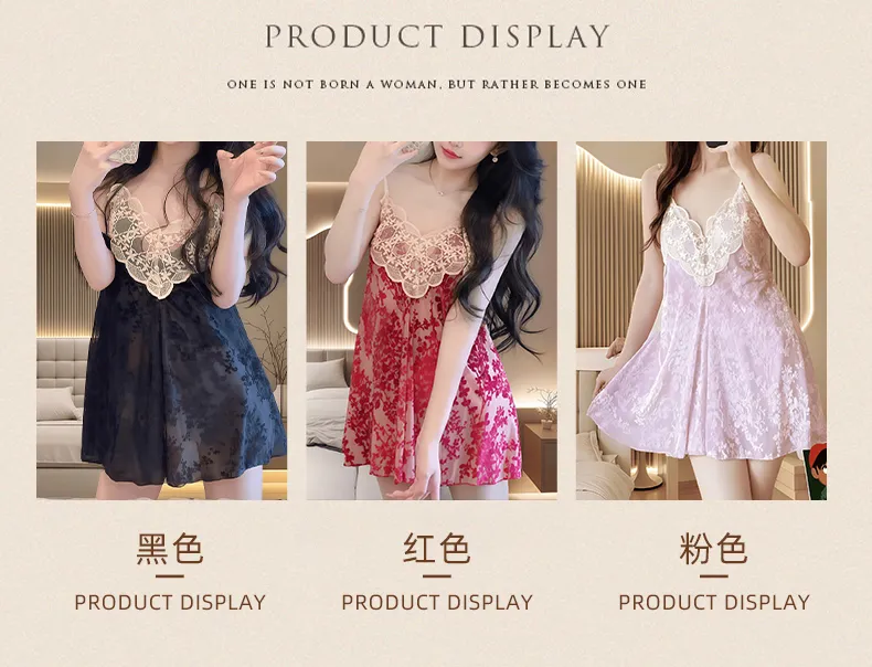 Sexy Women's Burnout Velvet Camisole Nightgown with Lace and Padding, Charming Innocent-Style Premium Loungewear · Wholesale · OEM · Worldwide Shipping - Detail 2
