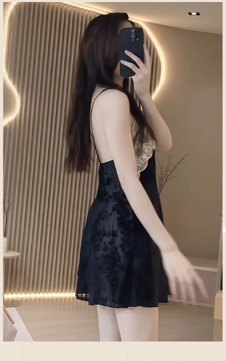 Sexy Women's Burnout Velvet Camisole Nightgown with Lace and Padding, Charming Innocent-Style Premium Loungewear · Wholesale · OEM · Worldwide Shipping - Detail 7