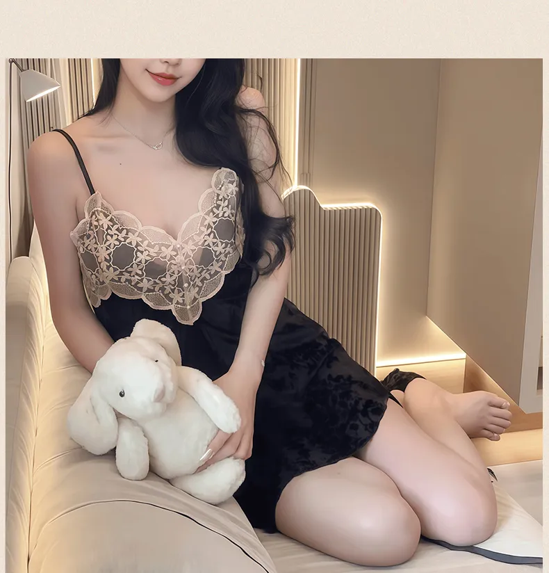 Sexy Women's Burnout Velvet Camisole Nightgown with Lace and Padding, Charming Innocent-Style Premium Loungewear · Wholesale · OEM · Worldwide Shipping - Detail 10