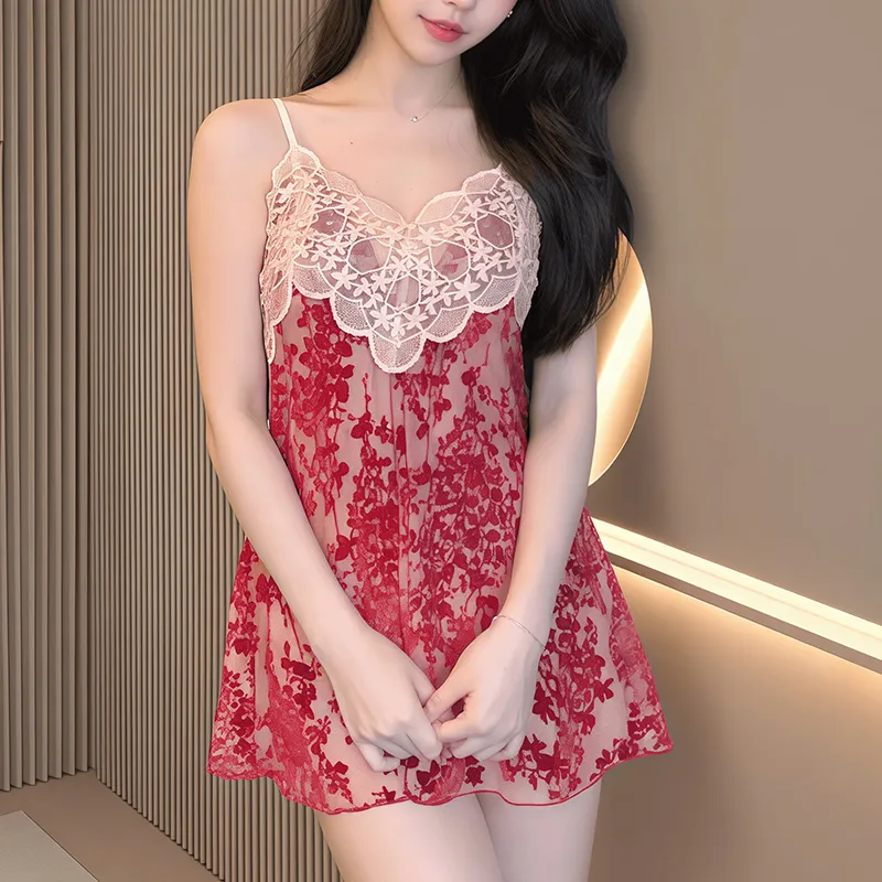 Sexy Women's Burnout Velvet Camisole Nightgown with Lace and Padding, Charming Innocent-Style Premium Loungewear · Wholesale · OEM · Worldwide Shipping - View 1