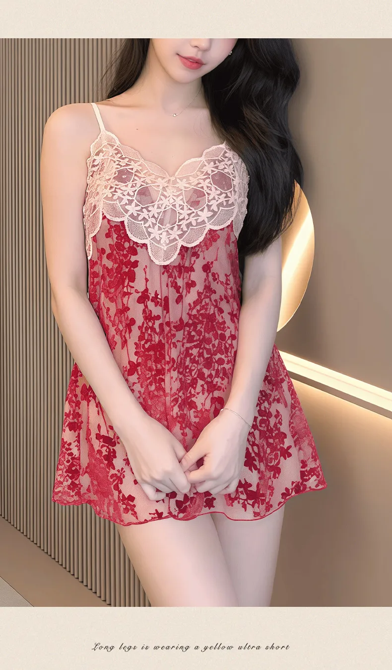 Sexy Women's Burnout Velvet Camisole Nightgown with Lace and Padding, Charming Innocent-Style Premium Loungewear · Wholesale · OEM · Worldwide Shipping - Detail 14