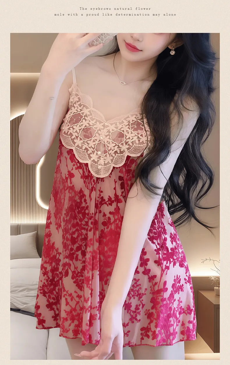 Sexy Women's Burnout Velvet Camisole Nightgown with Lace and Padding, Charming Innocent-Style Premium Loungewear · Wholesale · OEM · Worldwide Shipping - Detail 12