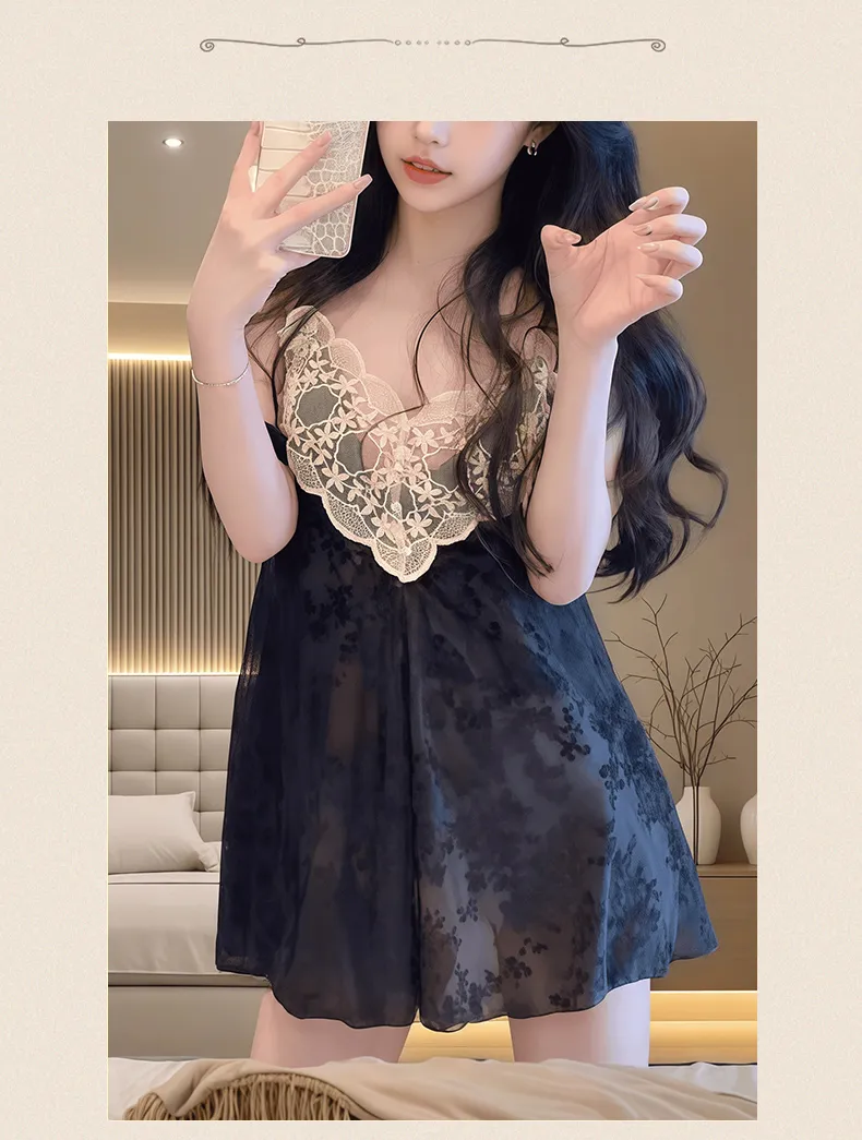 Sexy Women's Burnout Velvet Camisole Nightgown with Lace and Padding, Charming Innocent-Style Premium Loungewear · Wholesale · OEM · Worldwide Shipping - Detail 4