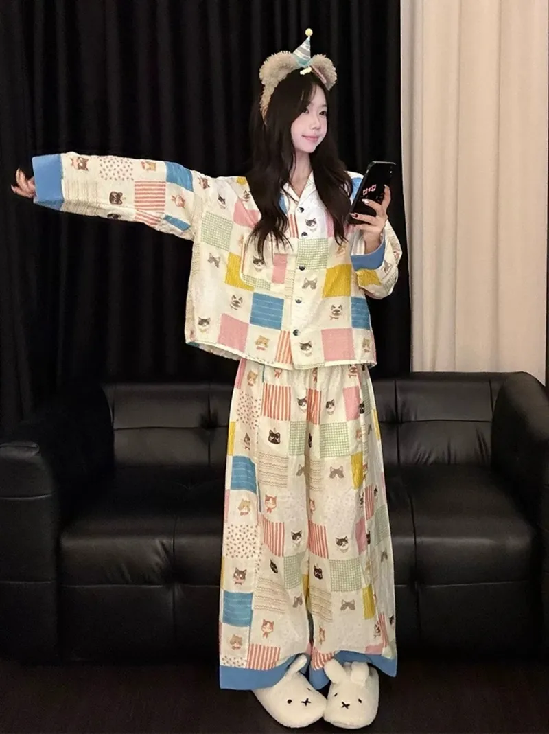 8349 Plaid Kitten Internet Celebrity INS Korean Version 2026 Spring Autumn New Pajamas Women Long Sleeve Loungewear Set · Wholesale · OEM · Worldwide Shipping - View 1