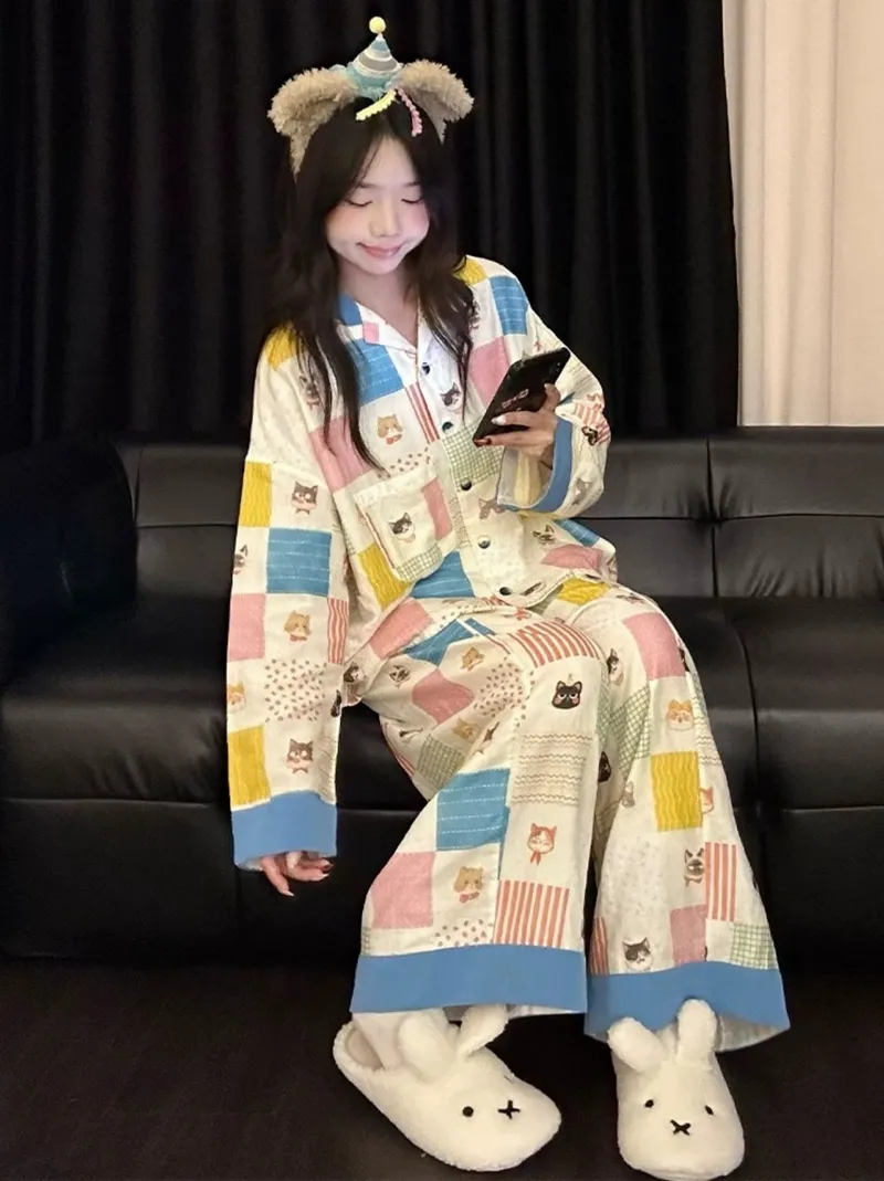 8349 Plaid Kitten Internet Celebrity INS Korean Version 2026 Spring Autumn New Pajamas Women Long Sleeve Loungewear Set · Wholesale · OEM · Worldwide Shipping - View 3