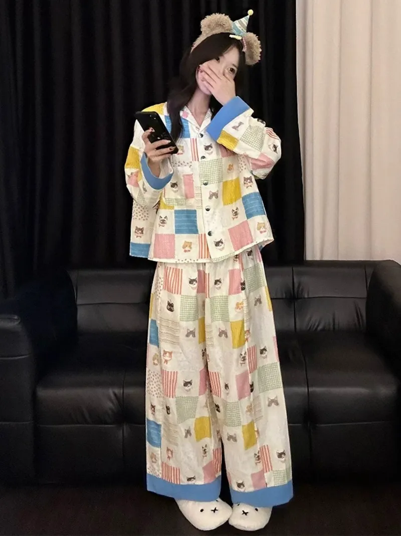 8349 Plaid Kitten Internet Celebrity INS Korean Version 2026 Spring Autumn New Pajamas Women Long Sleeve Loungewear Set · Wholesale · OEM · Worldwide Shipping