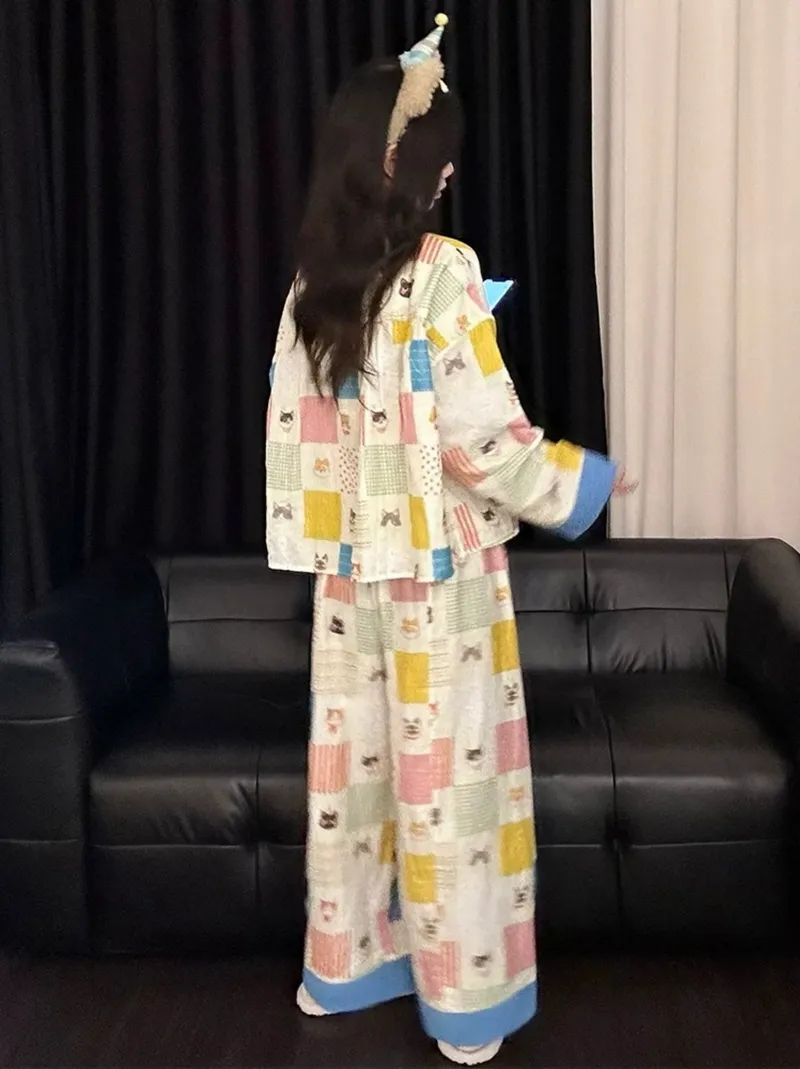 8349 Plaid Kitten Internet Celebrity INS Korean Version 2026 Spring Autumn New Pajamas Women Long Sleeve Loungewear Set · Wholesale · OEM · Worldwide Shipping - View 4