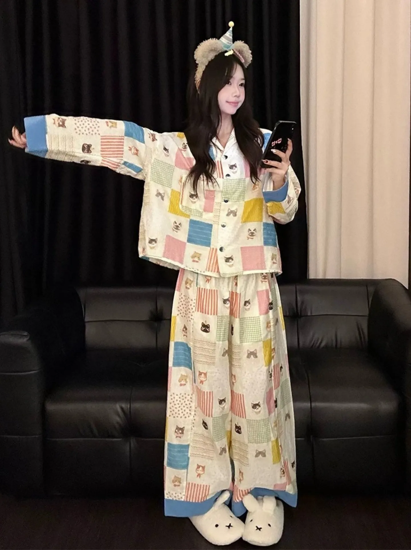 8349 Plaid Kitten Internet Celebrity INS Korean Version 2026 Spring Autumn New Pajamas Women Long Sleeve Loungewear Set · Wholesale · OEM · Worldwide Shipping - Detail 10