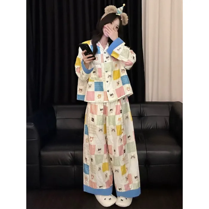 8349 Plaid Kitten Internet Celebrity INS Korean Version 2026 Spring Autumn New Pajamas Women Long Sleeve Loungewear Set · Wholesale · OEM · Worldwide Shipping - Detail 1