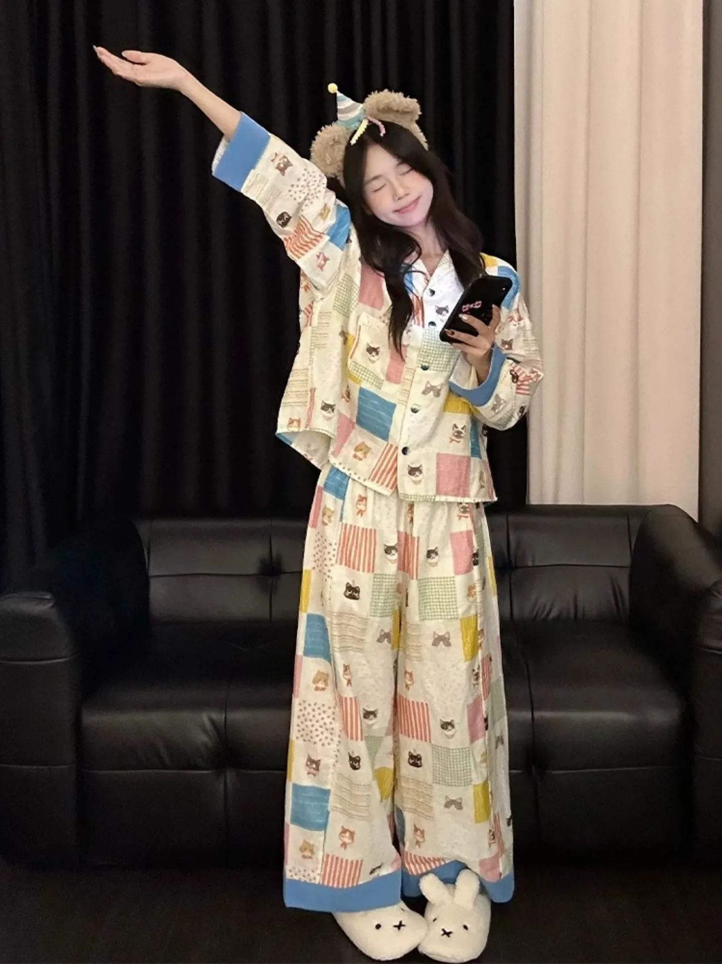8349 Plaid Kitten Internet Celebrity INS Korean Version 2026 Spring Autumn New Pajamas Women Long Sleeve Loungewear Set · Wholesale · OEM · Worldwide Shipping - Detail 11