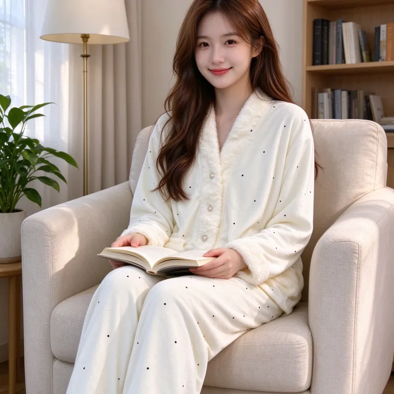 Pyjama femme en velours polaire îlot, hiver, épais, polaire double face, chaud, manches longues, pantalon long, ensemble, pois, blanc cassé, style mignon · Grossiste · OEM · Mondial - View 4