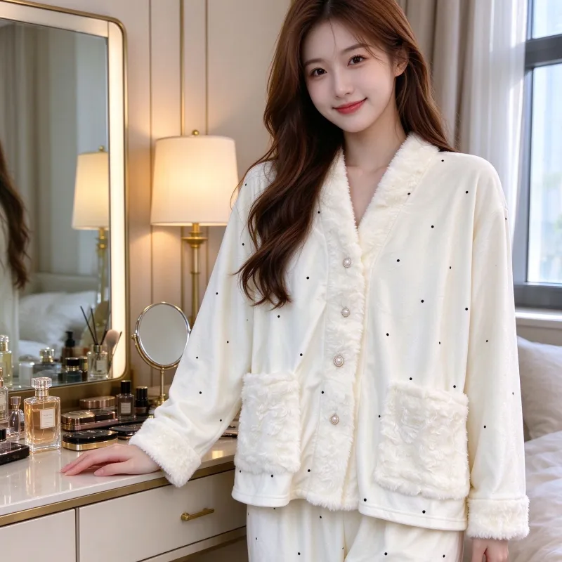 Pyjama femme en velours polaire îlot, hiver, épais, polaire double face, chaud, manches longues, pantalon long, ensemble, pois, blanc cassé, style mignon · Grossiste · OEM · Mondial - View 1