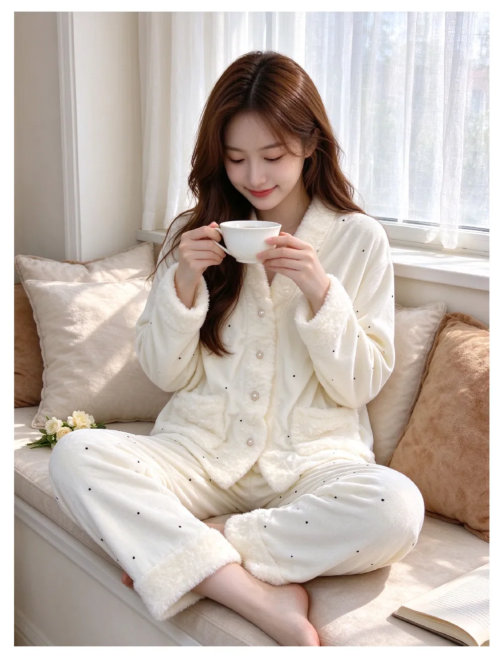 Pyjama femme en velours polaire îlot, hiver, épais, polaire double face, chaud, manches longues, pantalon long, ensemble, pois, blanc cassé, style mignon · Grossiste · OEM · Mondial - Detail 6