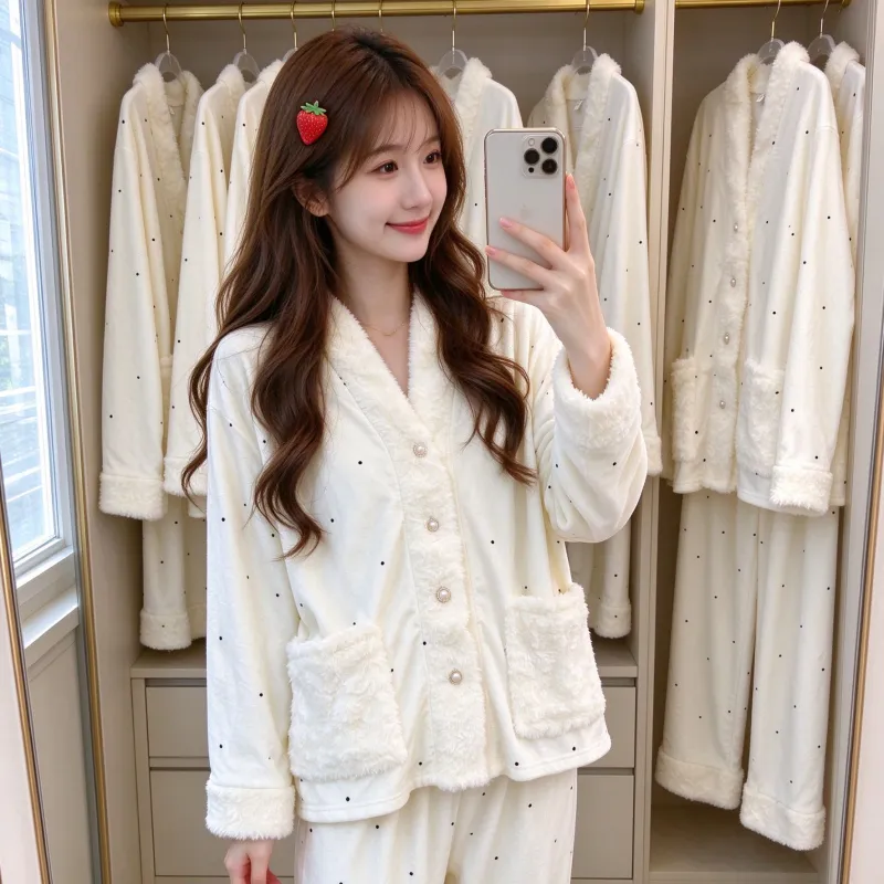 Pyjama femme en velours polaire îlot, hiver, épais, polaire double face, chaud, manches longues, pantalon long, ensemble, pois, blanc cassé, style mignon · Grossiste · OEM · Mondial - View 3