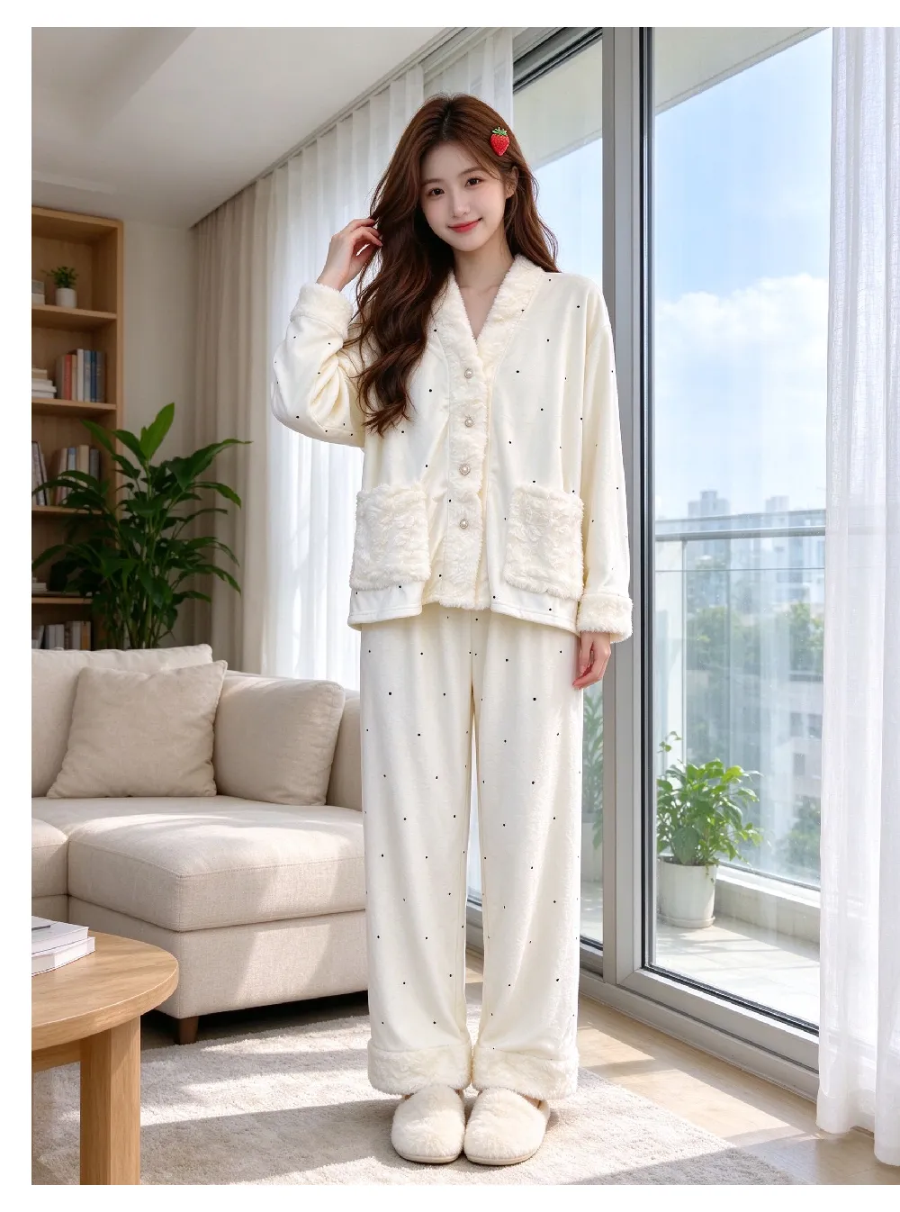 Pyjama femme en velours polaire îlot, hiver, épais, polaire double face, chaud, manches longues, pantalon long, ensemble, pois, blanc cassé, style mignon · Grossiste · OEM · Mondial - Detail 5