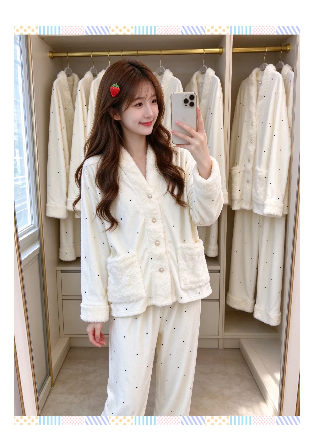 Pyjama femme en velours polaire îlot, hiver, épais, polaire double face, chaud, manches longues, pantalon long, ensemble, pois, blanc cassé, style mignon · Grossiste · OEM · Mondial - Detail 7