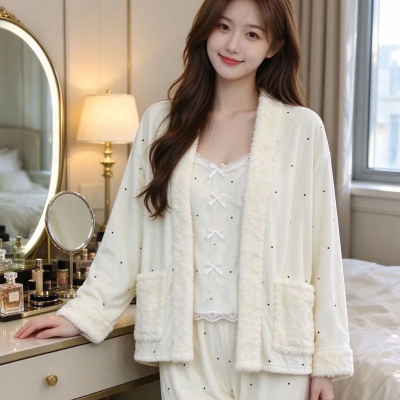 Pyjama trois pièces en velours polaire islandais épais pour femme, dentelle, manches longues, peluche, tenue d'intérieur, pois, blanc cassé, hiver · Grossiste · OEM · Mondial - View 1