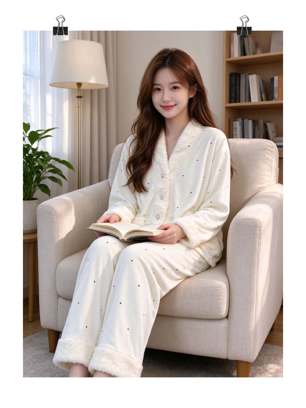 Pyjama trois pièces en velours polaire islandais épais pour femme, dentelle, manches longues, peluche, tenue d'intérieur, pois, blanc cassé, hiver · Grossiste · OEM · Mondial - Detail 4
