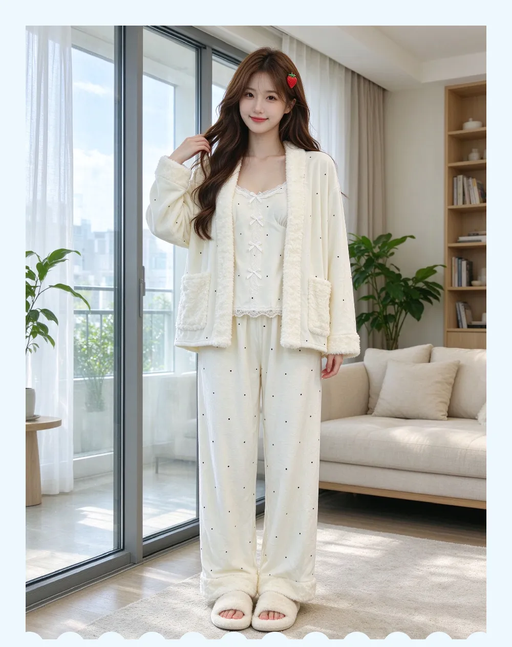 Pyjama trois pièces en velours polaire islandais épais pour femme, dentelle, manches longues, peluche, tenue d'intérieur, pois, blanc cassé, hiver · Grossiste · OEM · Mondial - Detail 13