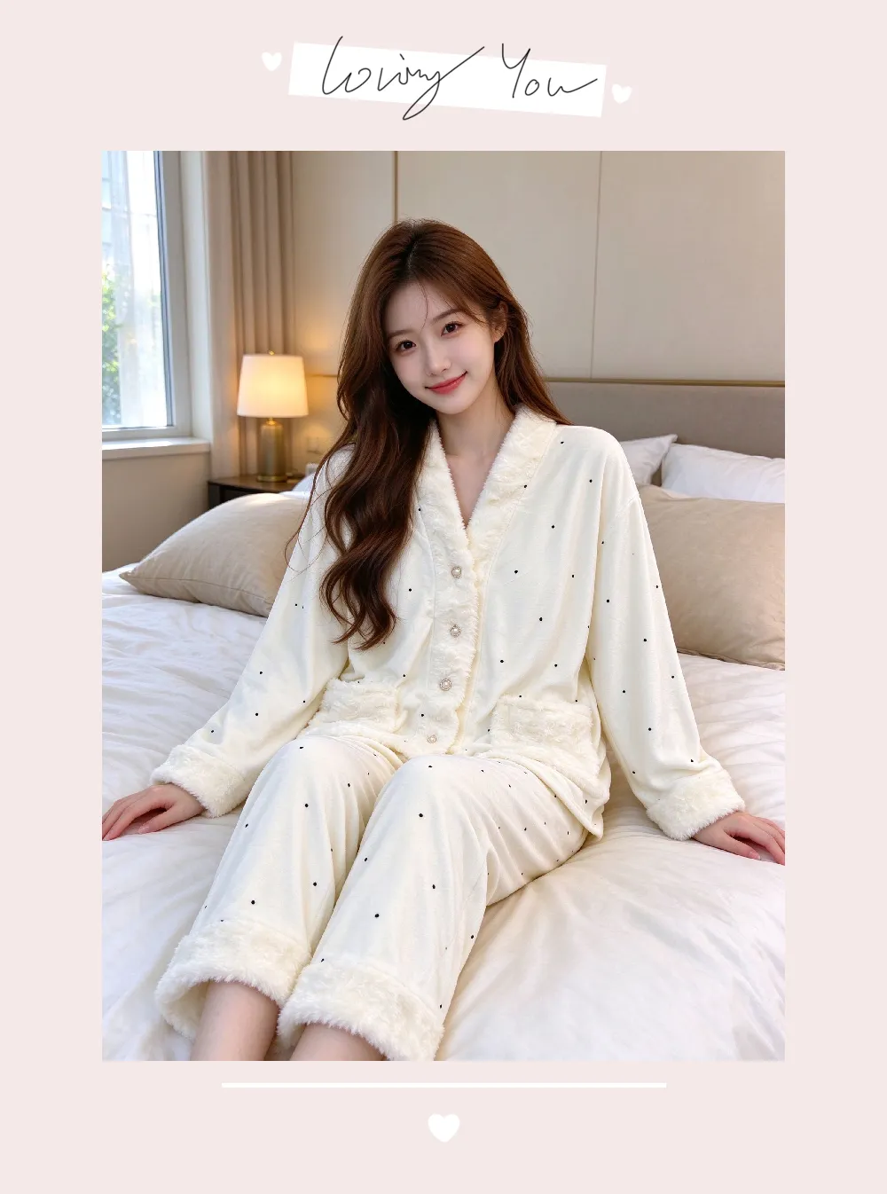 Pyjama trois pièces en velours polaire islandais épais pour femme, dentelle, manches longues, peluche, tenue d'intérieur, pois, blanc cassé, hiver · Grossiste · OEM · Mondial - Detail 5