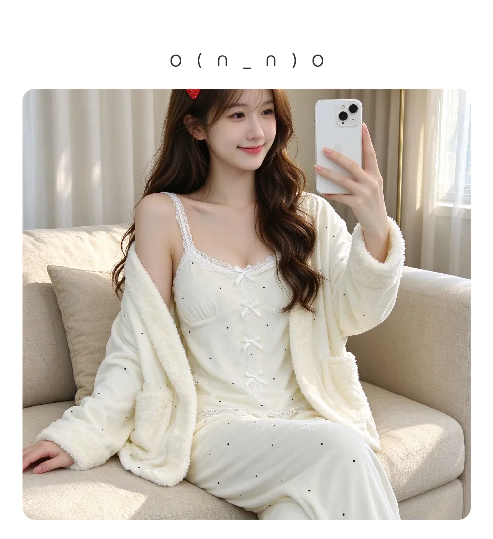 Pyjama trois pièces en velours polaire islandais épais pour femme, dentelle, manches longues, peluche, tenue d'intérieur, pois, blanc cassé, hiver · Grossiste · OEM · Mondial - Detail 16