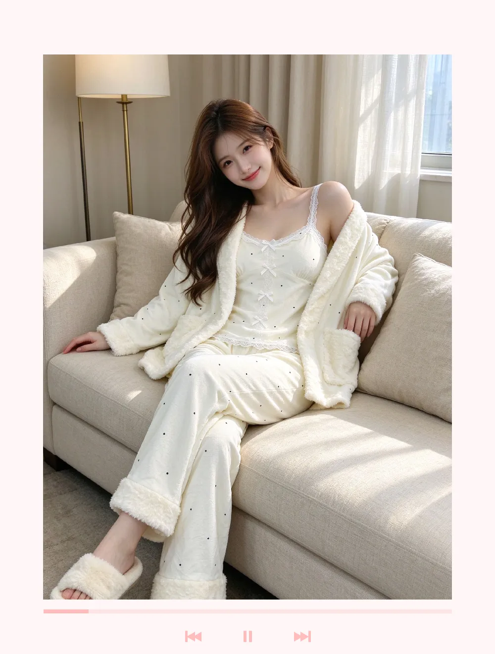 Pyjama trois pièces en velours polaire islandais épais pour femme, dentelle, manches longues, peluche, tenue d'intérieur, pois, blanc cassé, hiver · Grossiste · OEM · Mondial - Detail 15
