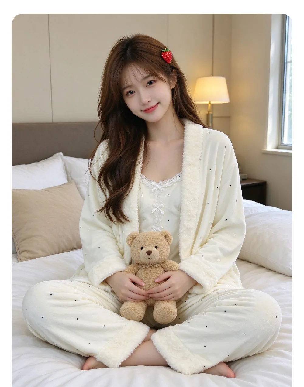 Pyjama trois pièces en velours polaire islandais épais pour femme, dentelle, manches longues, peluche, tenue d'intérieur, pois, blanc cassé, hiver · Grossiste · OEM · Mondial - Detail 17