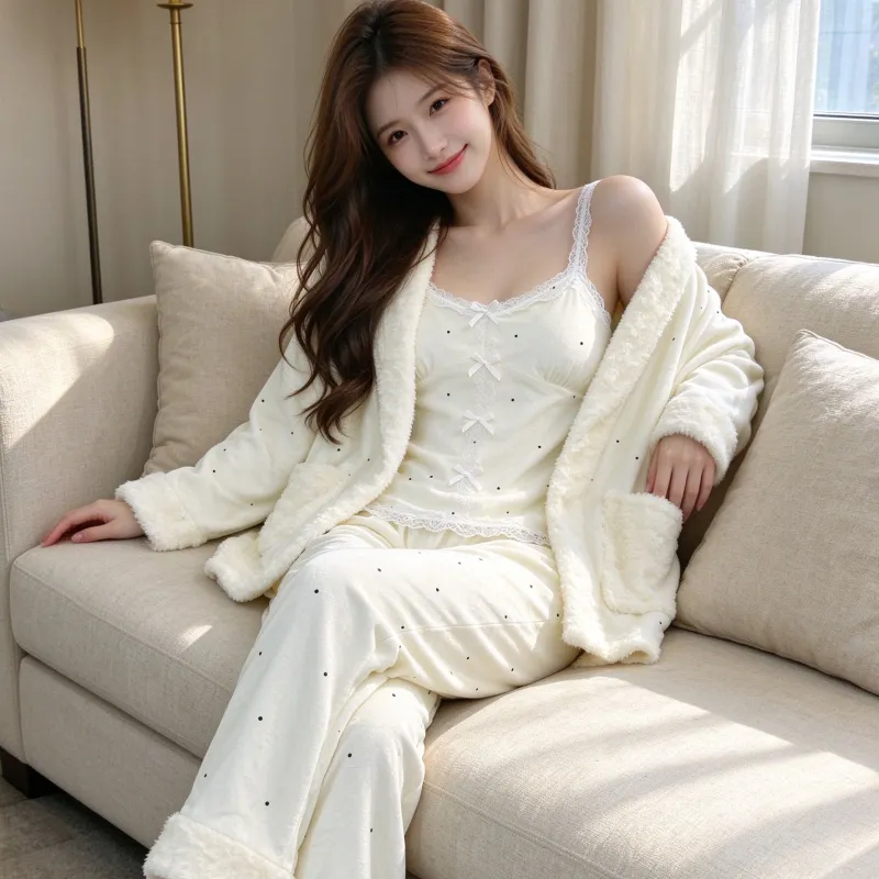 Pyjama trois pièces en velours polaire islandais épais pour femme, dentelle, manches longues, peluche, tenue d'intérieur, pois, blanc cassé, hiver · Grossiste · OEM · Mondial - View 3