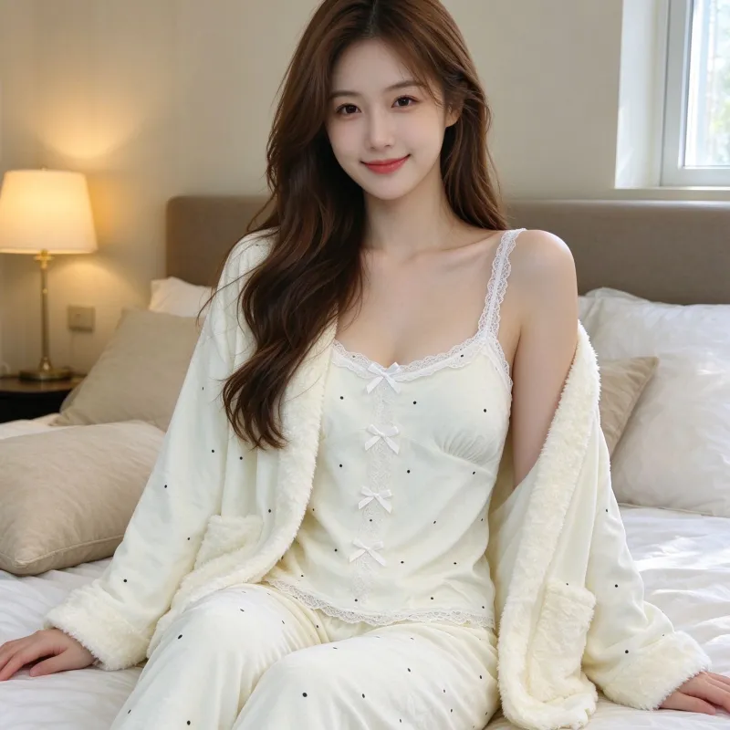 Pyjama trois pièces en velours polaire islandais épais pour femme, dentelle, manches longues, peluche, tenue d'intérieur, pois, blanc cassé, hiver · Grossiste · OEM · Mondial - View 2